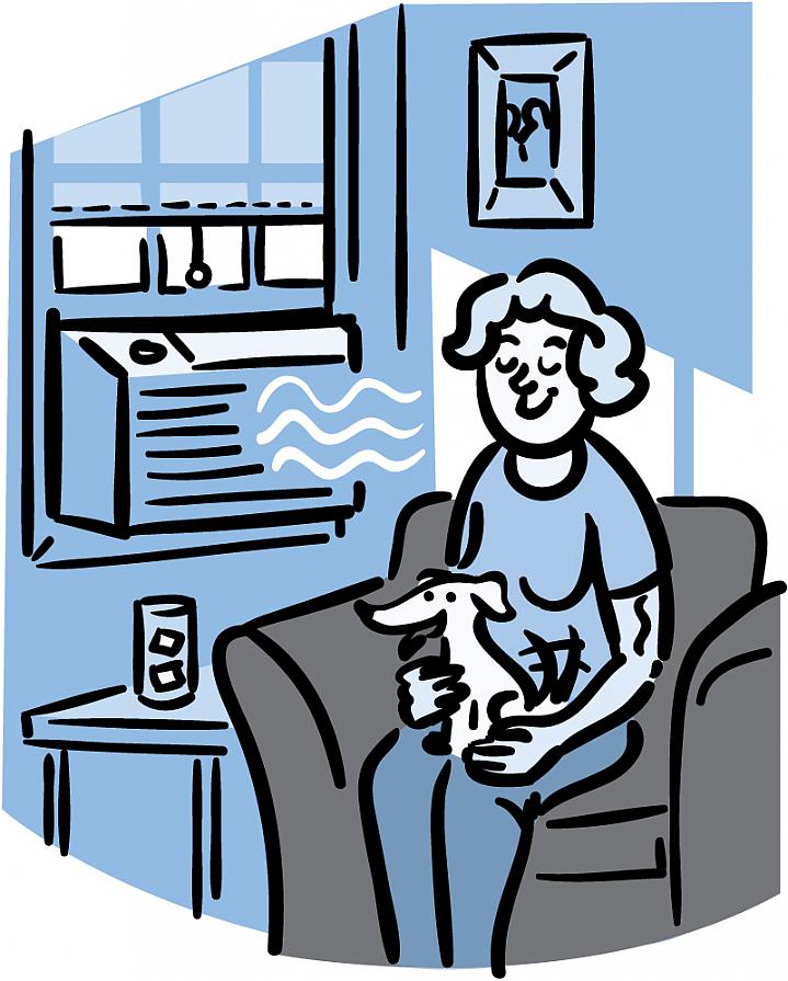 Illustration of an older woman sitting in front of an air conditioner with the shades pulled down and a glass of ice water nearby Illustration of an older woman sitting in front of an air conditioner with the shades pulled down and a glass of ice water nearby.