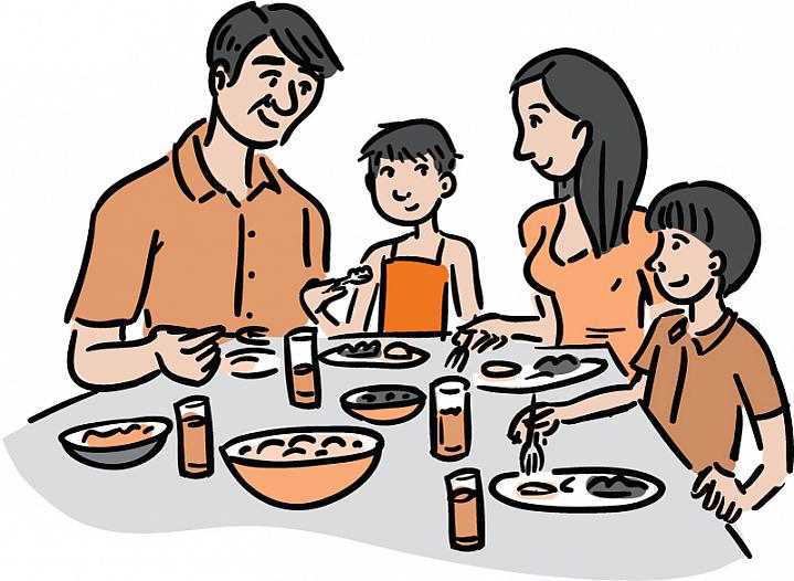 Illustration of a family eating dinner, including a thin young girl with very short hair who’s recovering after cancer therapy Illustration of a family eating dinner, including a thin young girl with very short hair who’s recovering after cancer therapy.