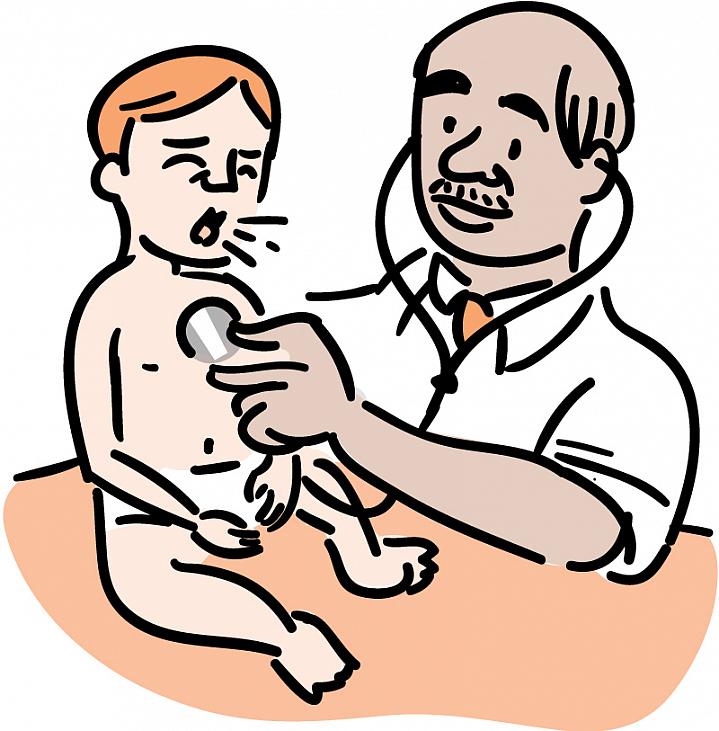 Illustration of a physician examining a coughing baby Illustration of a physician examining a coughing baby.
