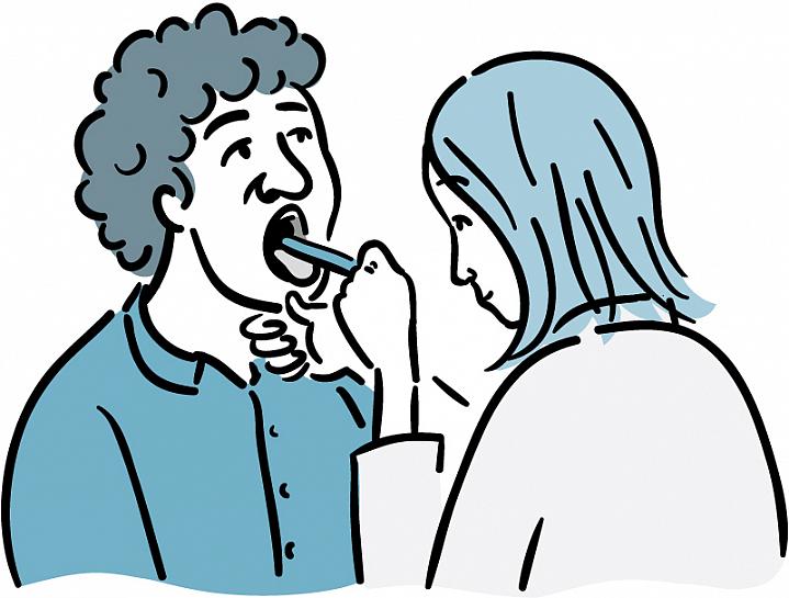 Illustration of a doctor examining the back of a patient’s throat.