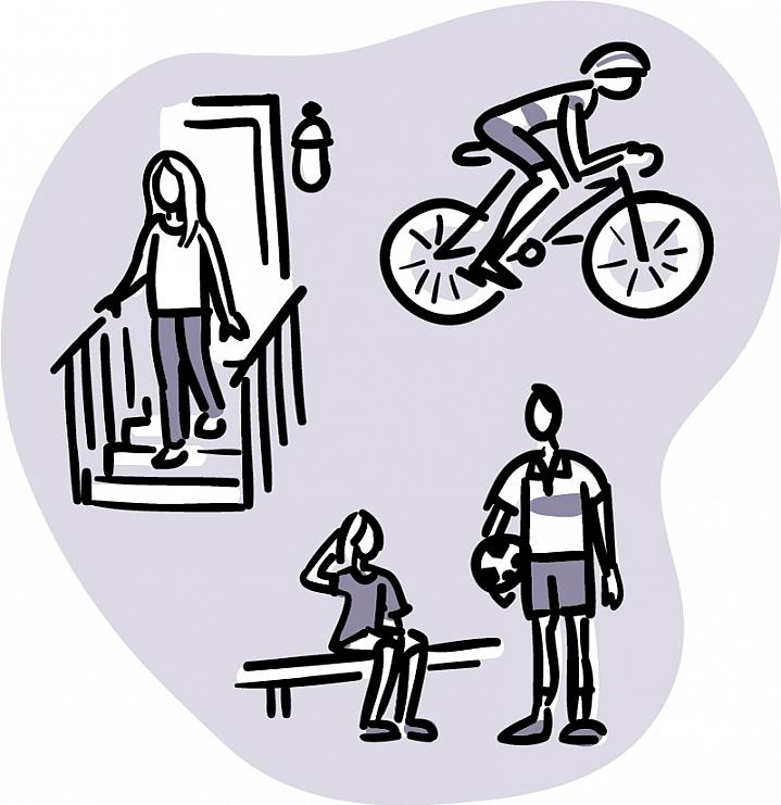 Illustration of a cyclist wearing a helmet; a woman holding a railing while descending stairs; and a soccer player sitting on a bench and touching her head Illustration of a cyclist wearing a helmet; a woman holding a railing while descending stairs; and a soccer player sitting on a bench and touching her head.