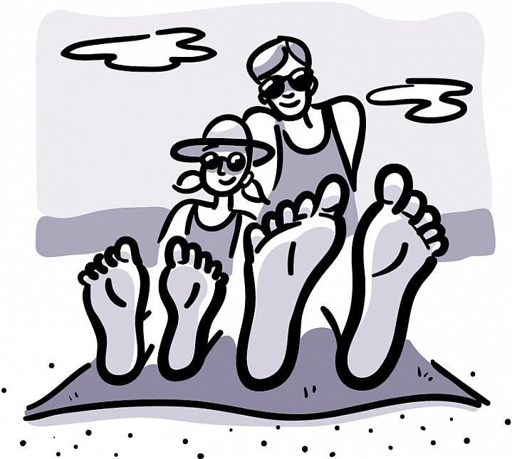 Illustration of a girl and dad sitting at the beach, with their bare feet in the foreground.
