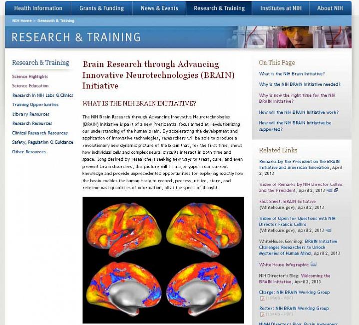 Screen capture of the homepage for the NIH BRAIN Initiative website Screen capture of the homepage for the NIH BRAIN Initiative website.