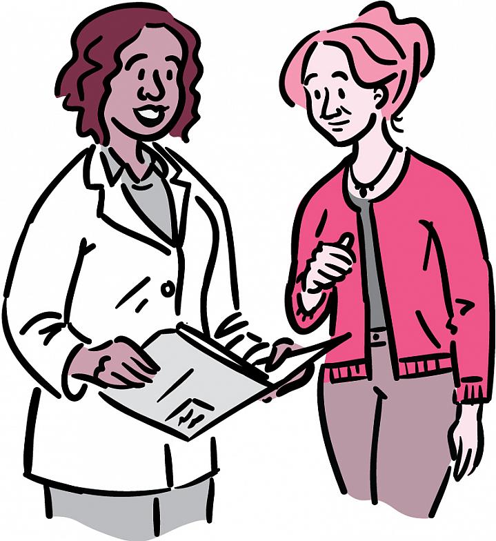 Illustration of a woman talking with her doctor Illustration of a woman talking with her doctor.
