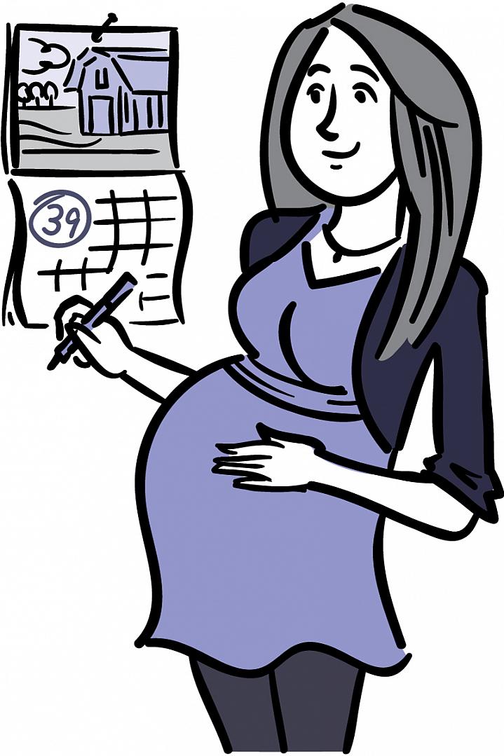 Illustration of pregnant woman marking a large 39 on her wall calendar.