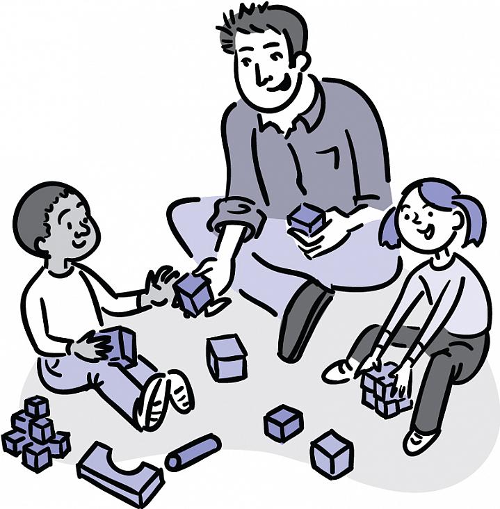 Illustration of a 2 preschoolers and a man playing with toy blocks Illustration of a 2 preschoolers and a man playing with toy blocks.