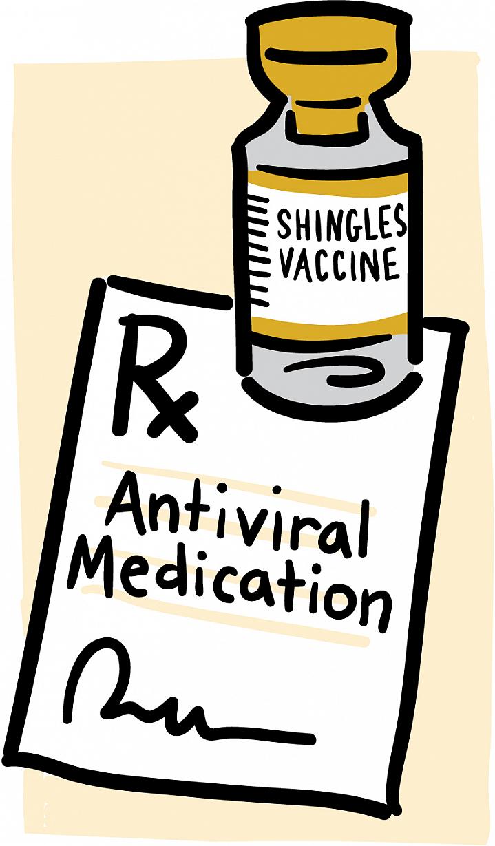Cartoon of a vial labeled “Shingles Vaccine” and a prescription for antiviral medication Cartoon of a vial labeled “Shingles Vaccine” and a prescription for antiviral medication.