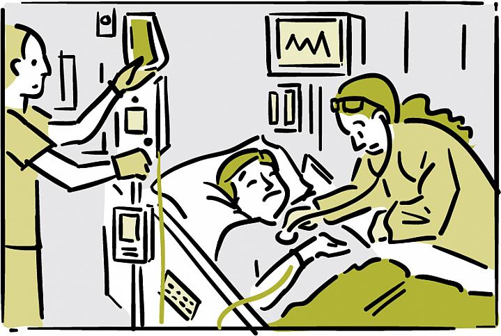 Illustration of a patient being treated in a hospital room.