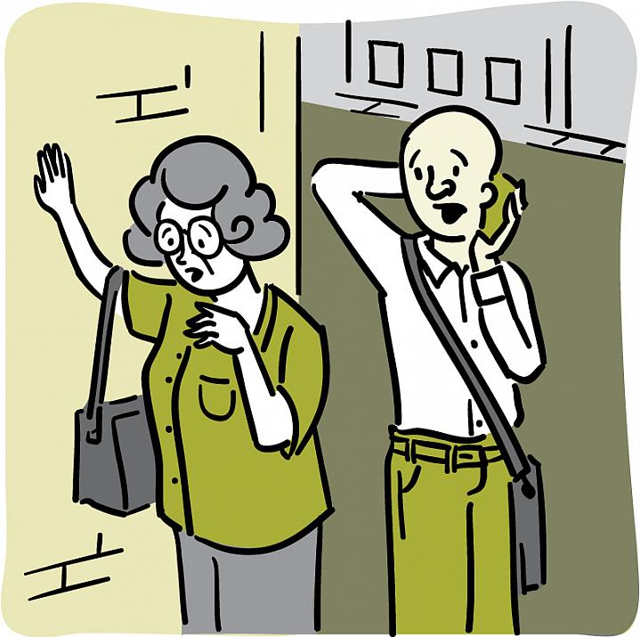 Illustration of a woman steadying herself against a wall while a concerned passerby makes a call for help Illustration of a woman steadying herself against a wall while a concerned passerby makes a call for help.