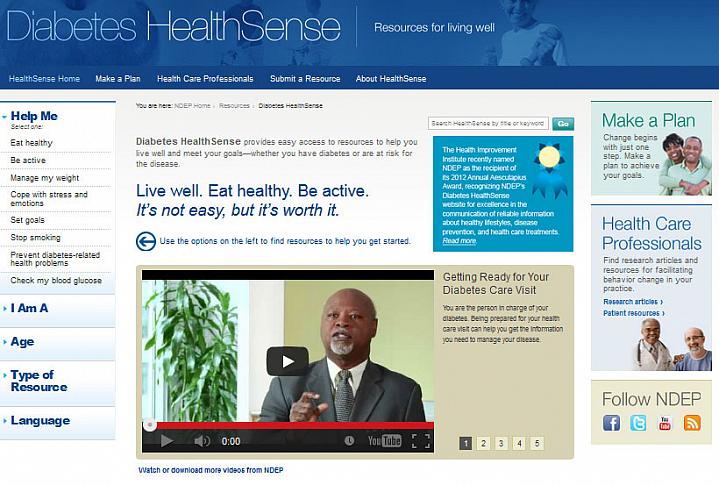 Screen capture of the homepage for the Diabetes HealthSense website Screen capture of the homepage for the Diabetes HealthSense website.