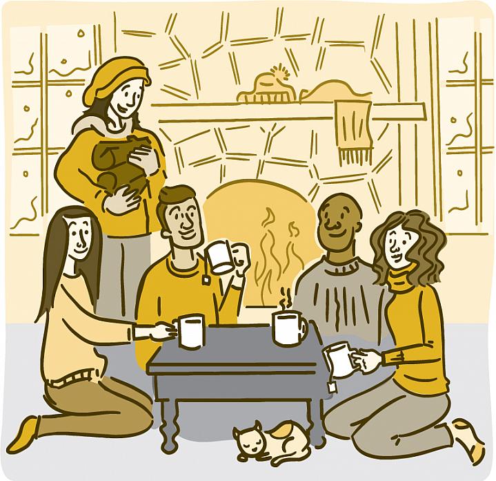 Illustration of friends relaxing by a fireplace.