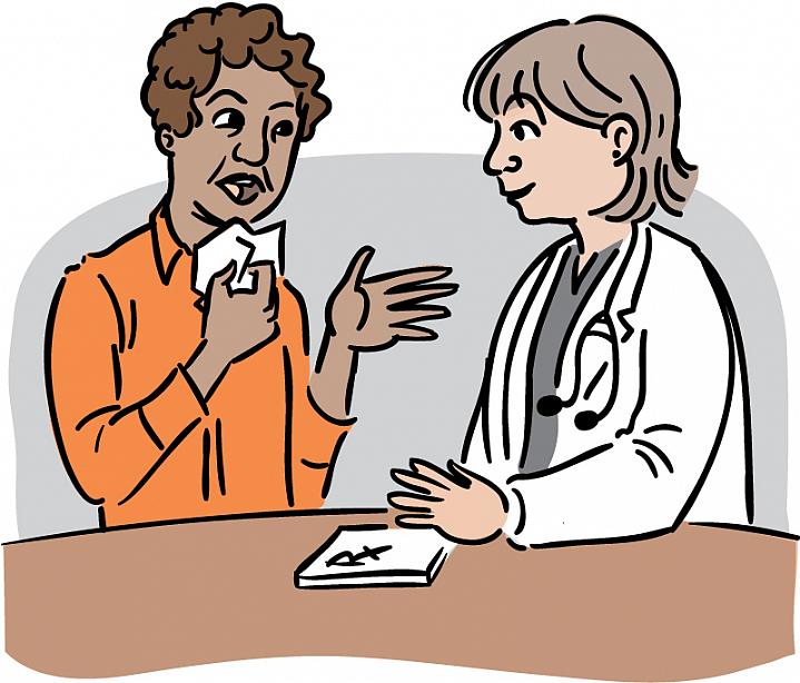 Illustration of a woman clutching a tissue near her face while talking with her doctor, who has a prescription pad handy.
