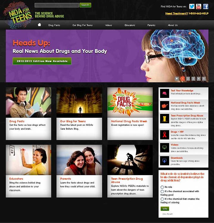 Screen capture of the homepage for the NIDA for Teens website Screen capture of the homepage for the NIDA for Teens website.