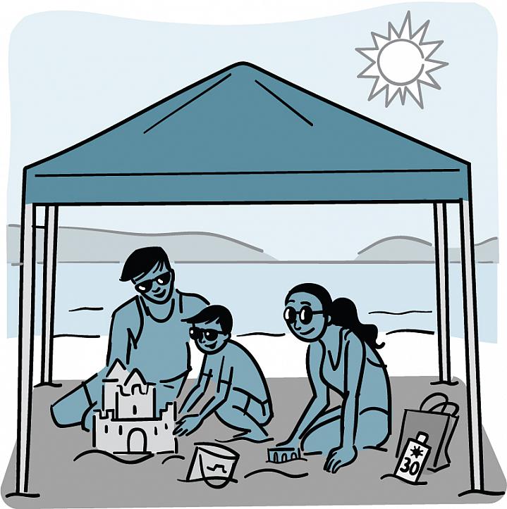 Illustration of a family under a shaded canopy at the beach.