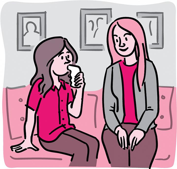 Illustration of a girl blowing into a peak flow meter while sitting alongside her mother.