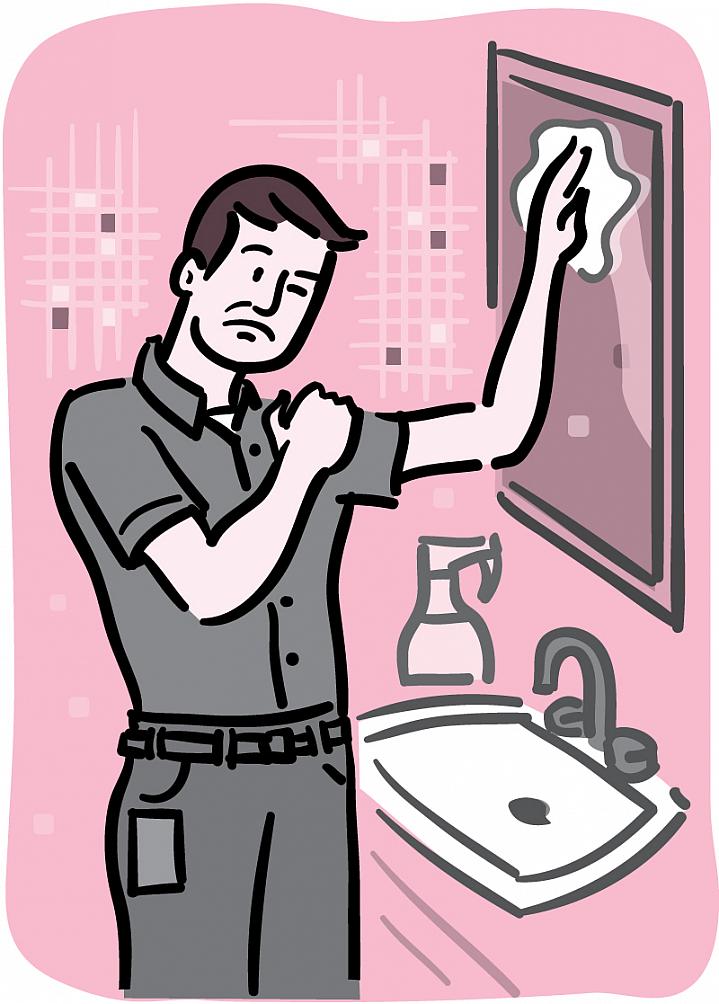 Illustration of a man rubbing his shoulder in pain as he reaches up to clean a bathroom mirror Illustration of a man rubbing his shoulder in pain as he reaches up to clean a bathroom mirror.