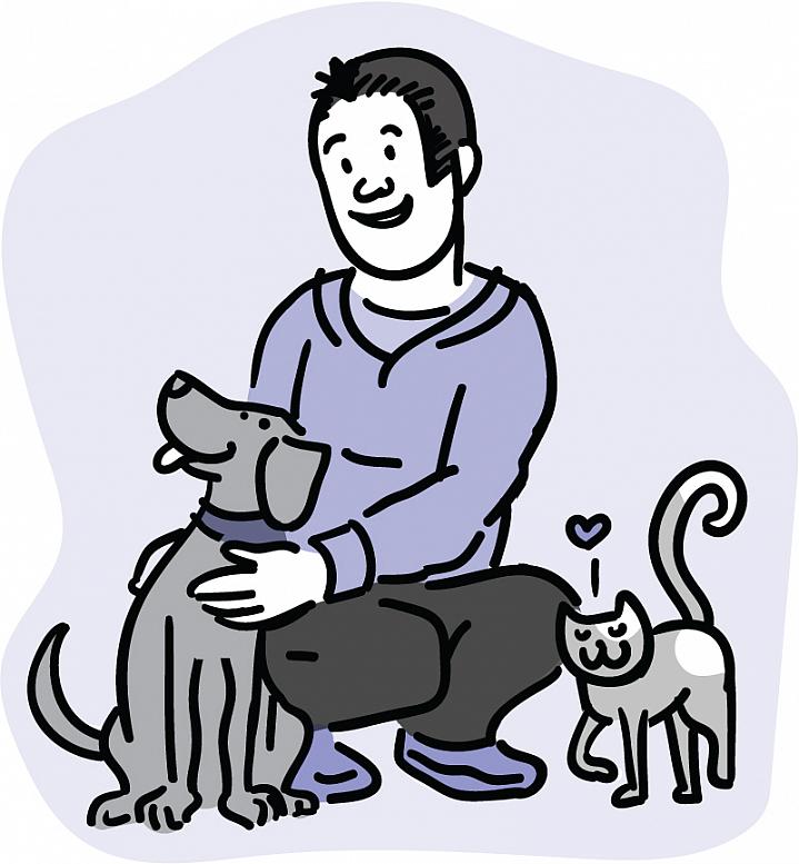 Illustration of a man affectionately petting a dog and cat.