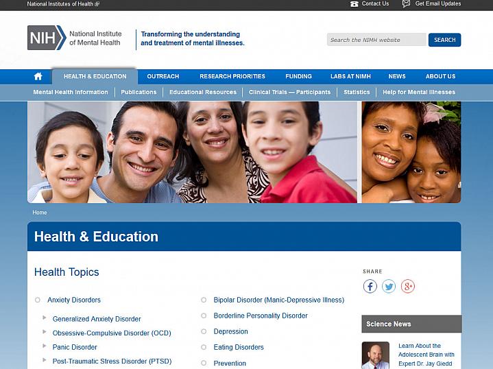 Screen capture of the homepage for the NIMH Mental Health Topics website.