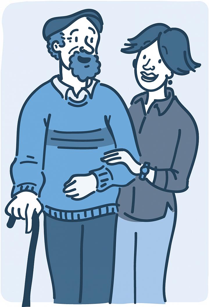 Illustration of an older man standing with a cane and a woman holding his arm to aid balance Illustration of an older man standing with a cane and a woman holding his arm to aid balance.
