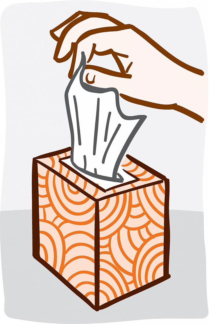 Illustration of a hand pulling a tissue from a box.