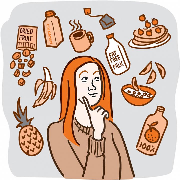 Illustration of a woman surrounded by healthy foods that don’t contain added sugar.
