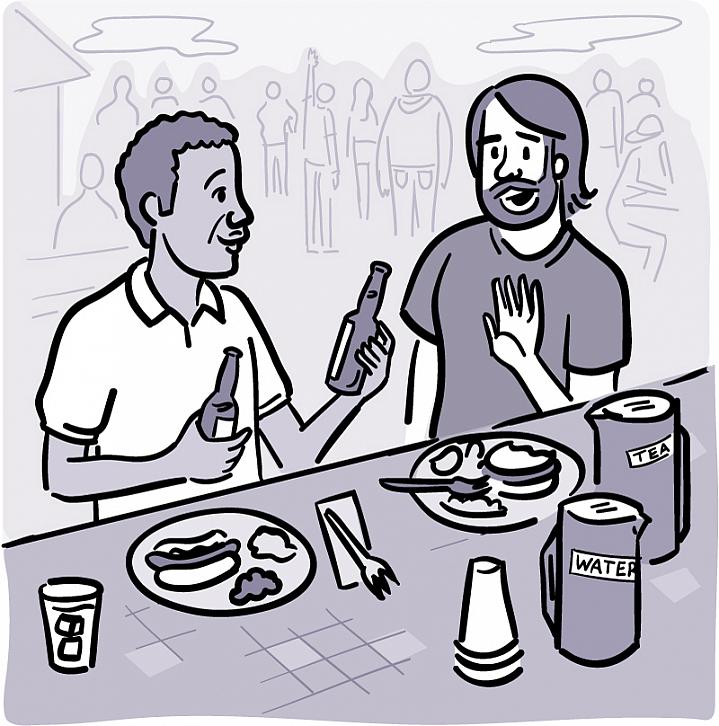 Illustration of a man declining a beer that’s being offered by his friend at a picnic.