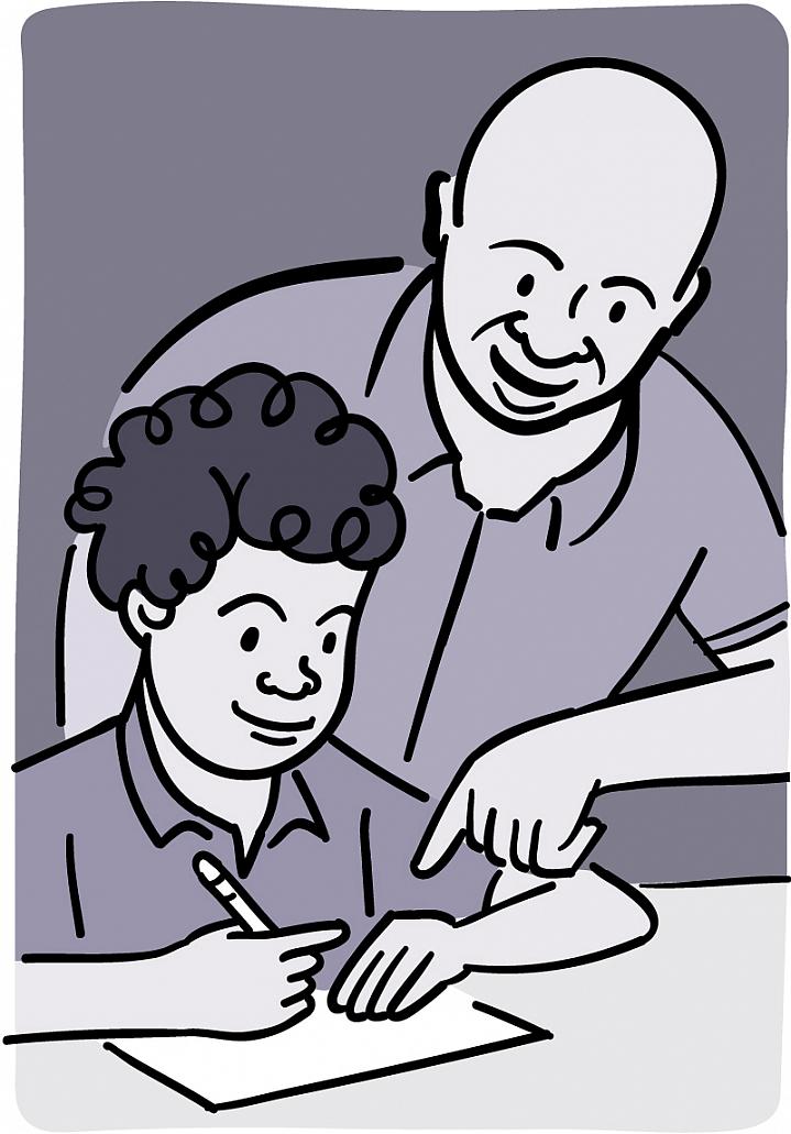 Illustration of a man helping his son with schoolwork.