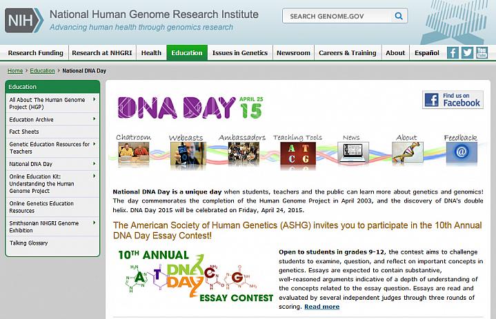 Screen capture of the homepage for the National DNA Day website.