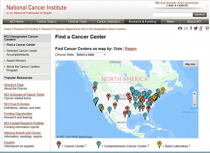 Screen capture of the homepage for the Find a Cancer Center website.