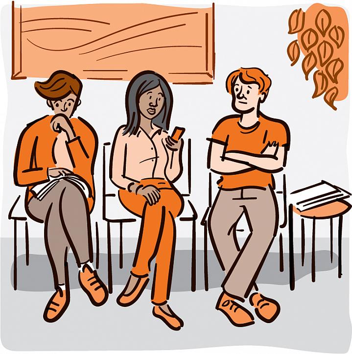 Illustration of a 3 people sitting in a doctor’s waiting room.