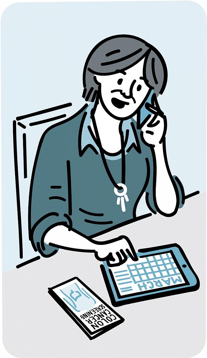 Illustration of a woman checking her calendar and talking on the phone.