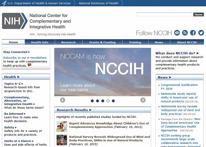 Screen capture of the homepage for the National Center for Complementary and Integrative Health website.
