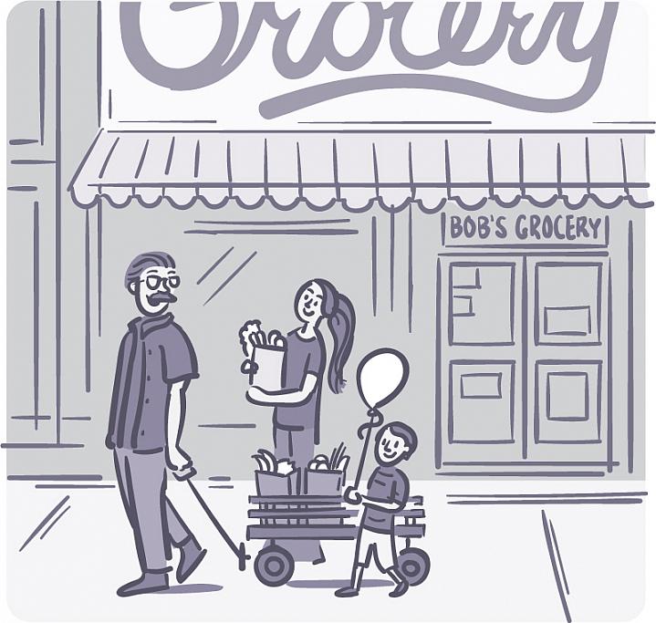 Illustration of a man, woman, and child walking with bags from a local grocery store Illustration of a man, woman, and child walking with bags from a local grocery store.
