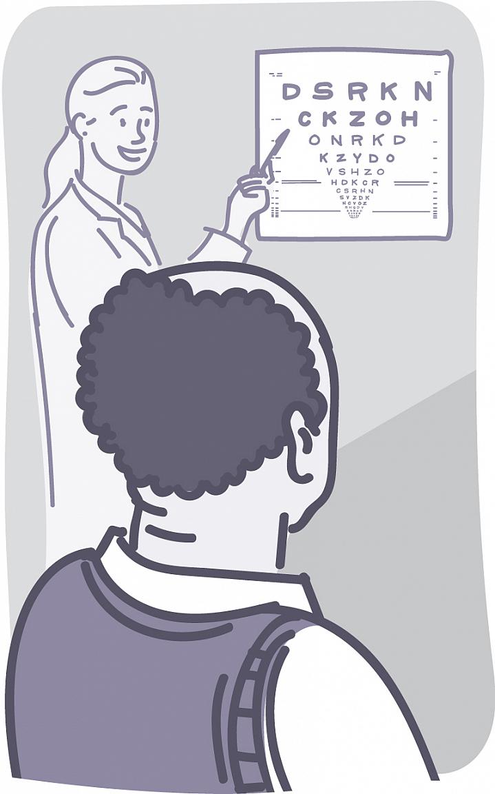 Illustration of a man looking at an eye chart Illustration of a man looking at an eye chart.