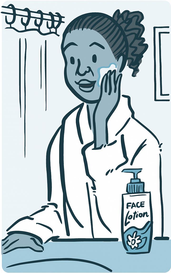 Illustration of a woman putting lotion on her face Illustration of a woman putting lotion on her face.