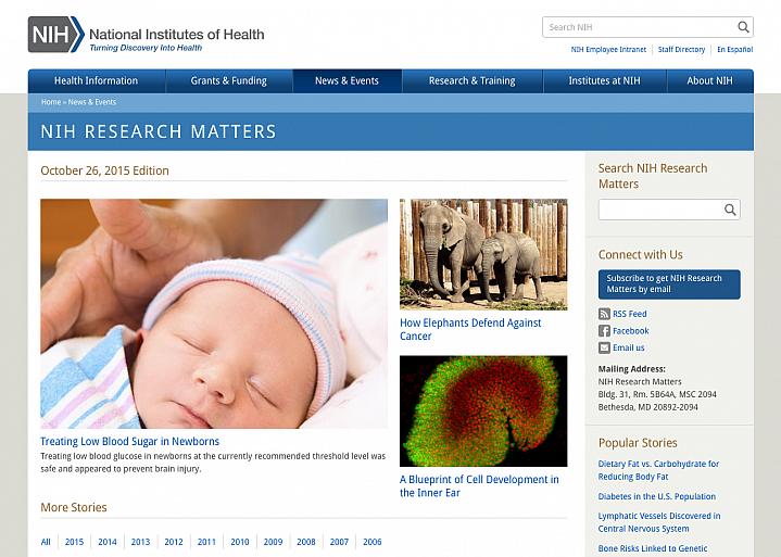 Screen capture of the homepage for NIH Research Matters.