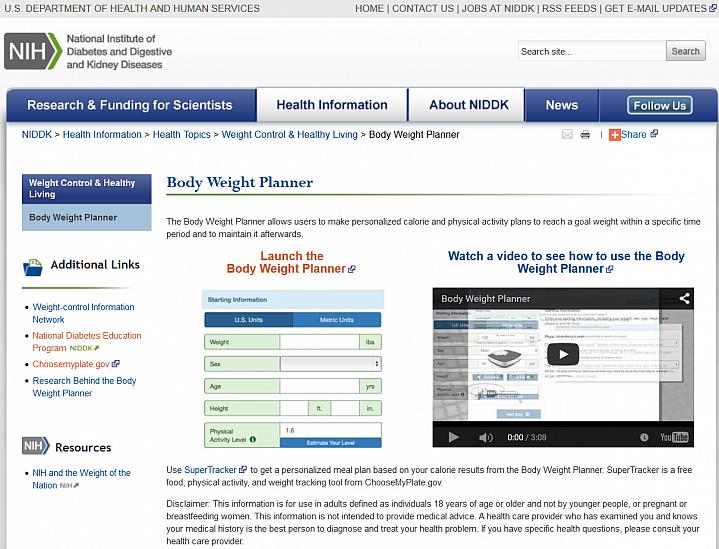 Screen capture of the homepage for the Body Weight Planner website.