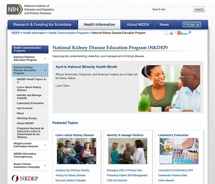 Screen capture of the homepage for NIH’s National Kidney Disease Education Program.