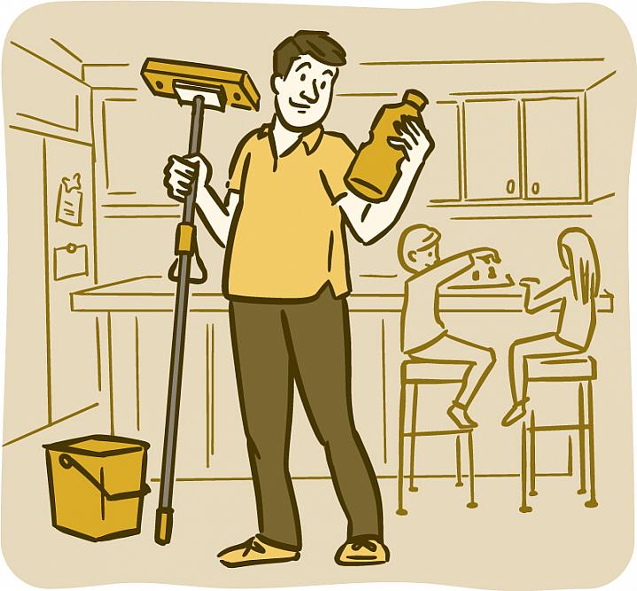 Illustration of a dad holding a mop and reading the label on a bottle of cleaning fluid in a kitchen Illustration of a dad holding a mop and reading the label on a bottle of cleaning fluid in a kitchen.