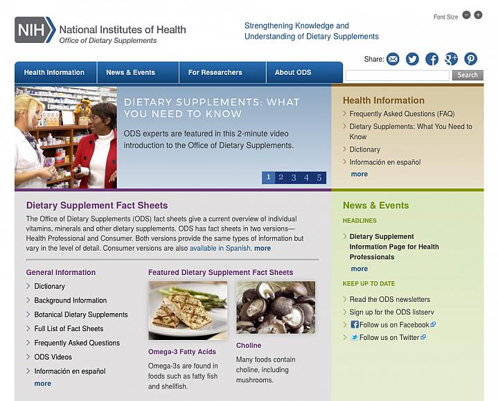 Screen capture of the homepage for NIH Office of Dietary Supplements.