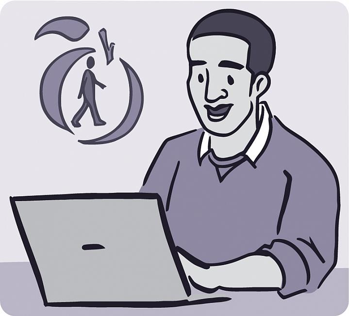 Illustration of a man working on a laptop computer.