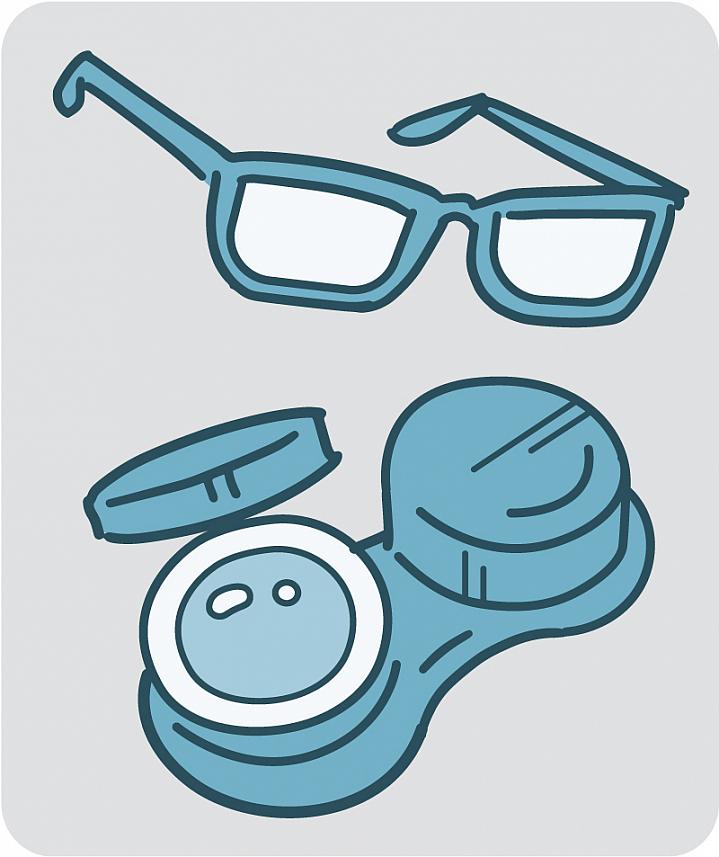Eyeglasses and contact lenses in a case Eyeglasses and contact lenses in a case.