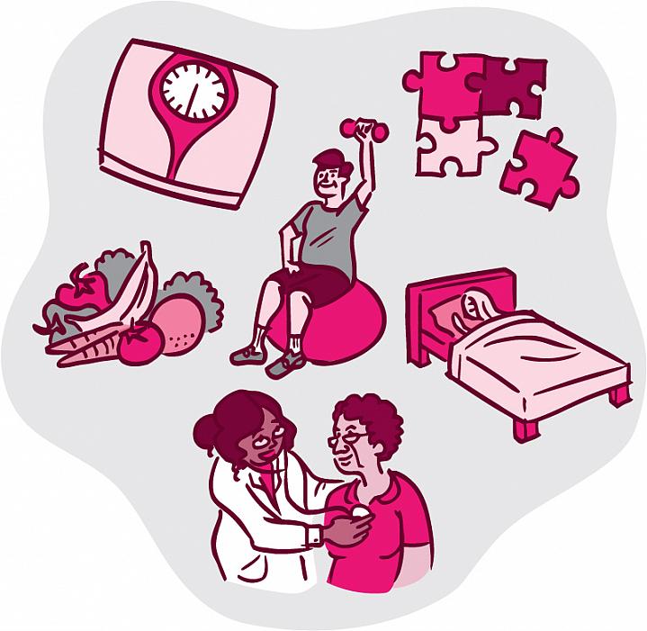 Illustrated collage of fruits and vegetables; a doctor and patient; a man lifting weights; a woman sleeping; a scale; and jigsaw puzzle pieces Illustrated collage of fruits and vegetables; a doctor and patient; a man lifting weights; a woman sleeping; a scale; and jigsaw puzzle pieces.
