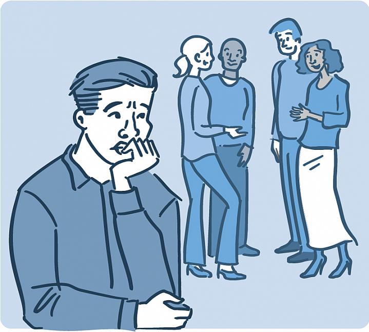 Illustration of a worried man standing apart from a circle of friends.