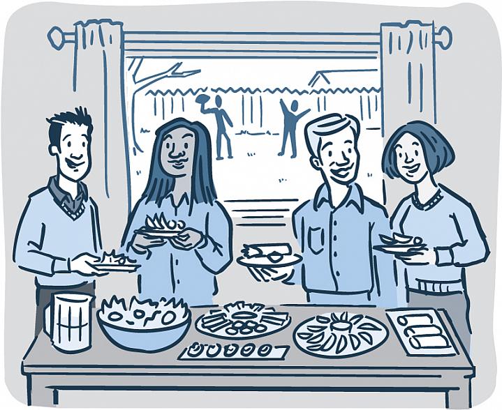 Illustration of adults at a holiday buffet table filled with healthy foods.