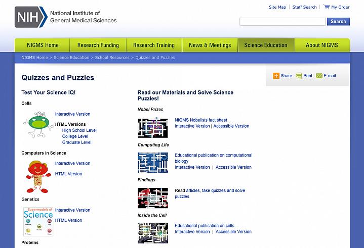 Screen capture of NIH’s Science Quizzes & Puzzles Web page.