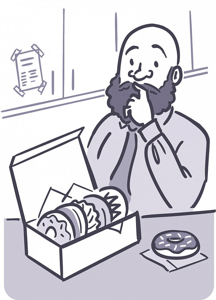 Illustration of a man looking pensively at a box of donuts.