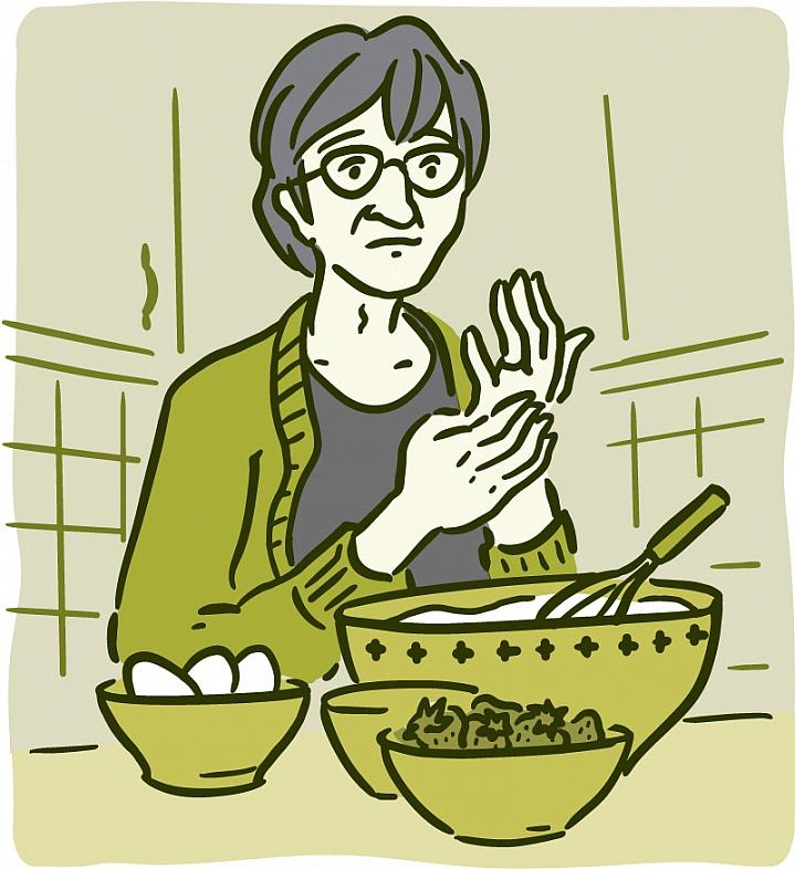 Illustration of a woman trying to bake with pain in her hands Illustration of a woman trying to bake with pain in her hands.