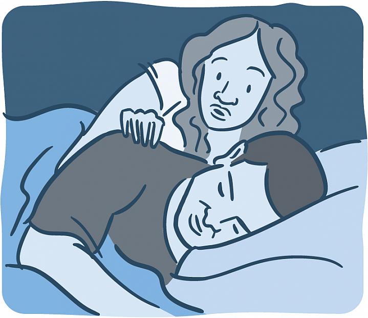 Illustration of a women waking her partner in bed Illustration of a women waking her partner in bed.