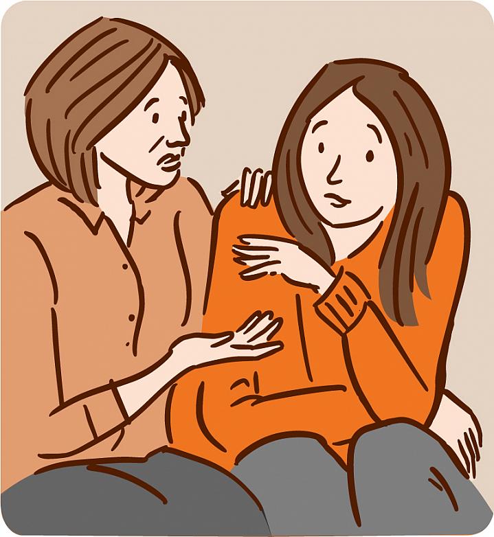 Illustration of a mother comforting and talking with her daughter Illustration of a mother comforting and talking with her daughter.